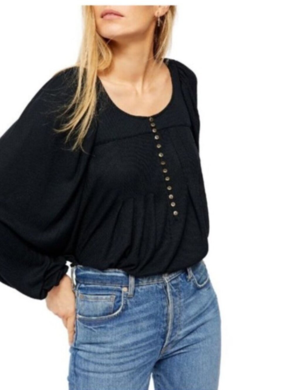 Free People Devin Henley Top Balloon Sleeve Peasant Blouse Black Boho Medium
